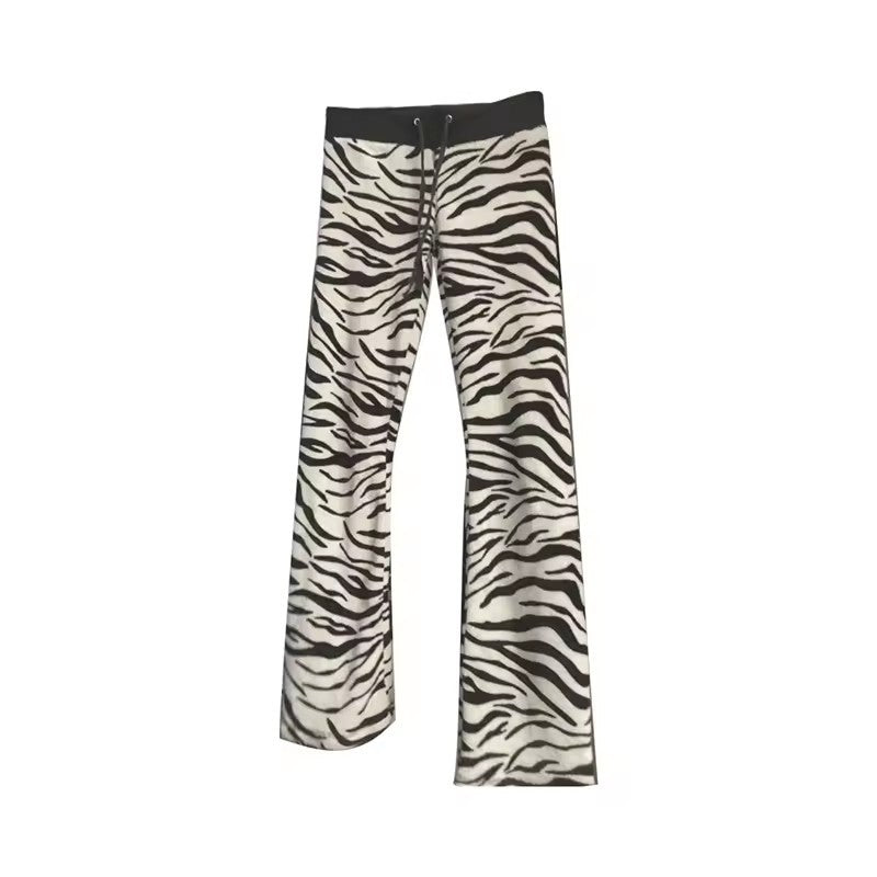 Striped Leopard Print High-Waist Drawstring Casual Trousers