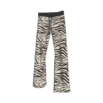 Striped Leopard Print High-Waist Drawstring Casual Trousers
