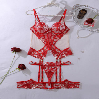 Embroidered Lace Lingerie Set - Push-Up Bra and Panties with Gem Detail