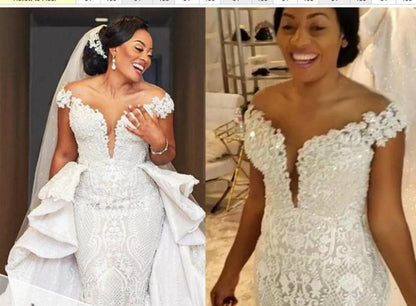 African Mermaid Detachable Lace Wedding Dress - Elegant Bridal Gown