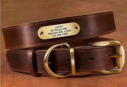 Genuine Leather Dog Collar - Cowhide with Engraved Personalization and Anti-Loss Design
