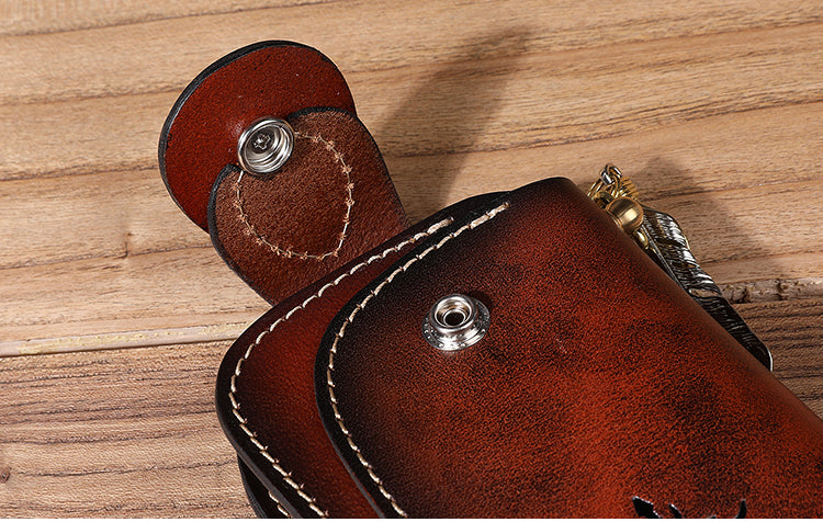 Men's Cowhide Leather Embossed Wallet - Long Bifold with Zipper Closure and Artistic Designs