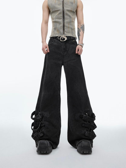 Men's Pleated Washed Straight Jeans - Casual Cotton Blend Denim Pants