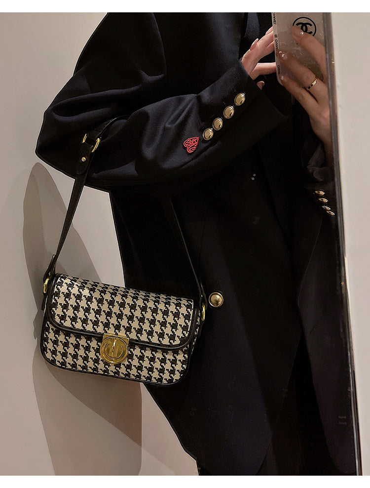 Houndstooth Canvas Baguette Bag - Underarm Shoulder Bag with Adjustable Strap