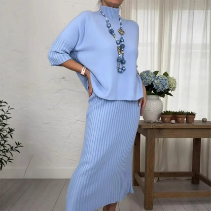 Women's Solid-Color Elegant High-Neck Knitted Sweater and Skirt Two-Piece Set - Intellectual Style