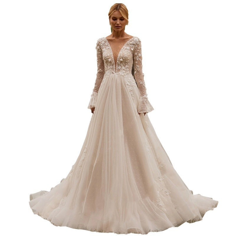 Women's Long Sleeve Embroidered Sheer Lace V-Neck Puffy Wedding Dress | Bridal Gown