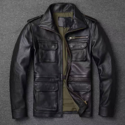 Men's Genuine Cowhide Leather Jacket - Mid-Length Reversible Workwear Jacket