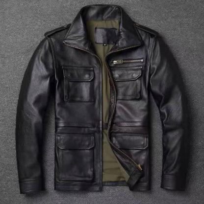 Men's Genuine Cowhide Leather Jacket - Mid-Length Reversible Workwear Jacket