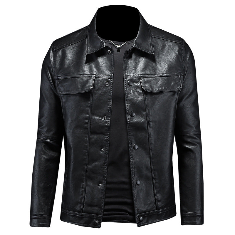Men's Motorcycle PU Leather Jacket - Long Sleeve Lapel Coat