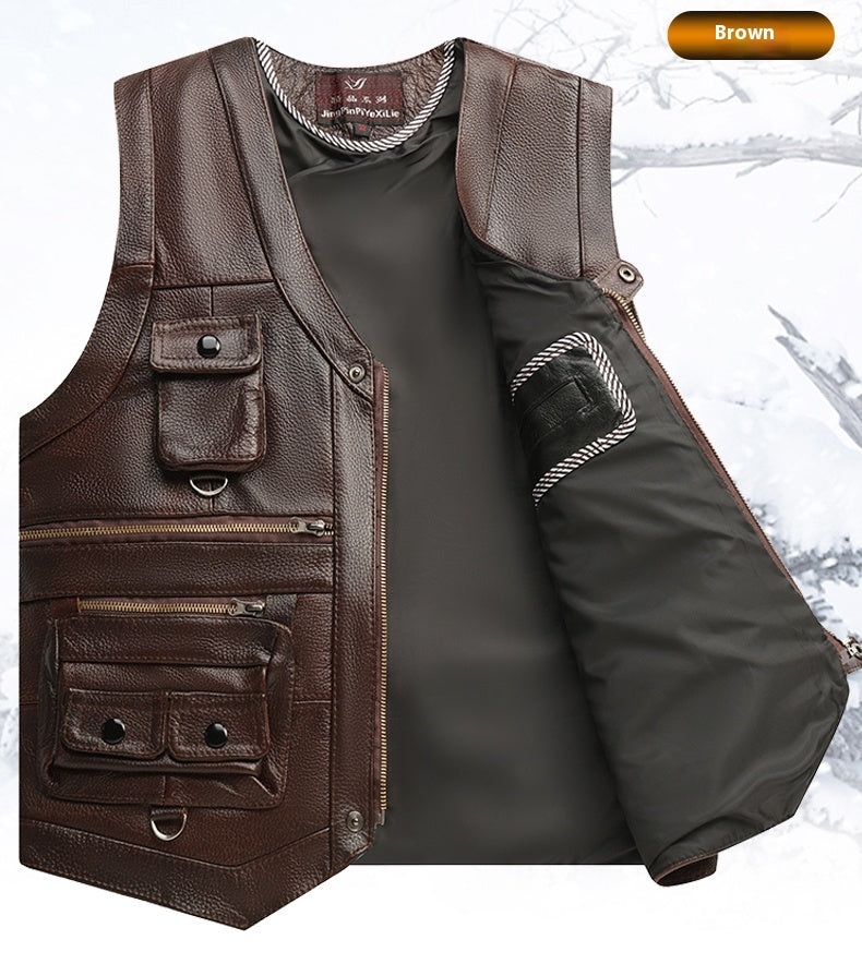 Genuine Leather Vest - Men's First Layer Cowhide Motorcycle Waistcoat