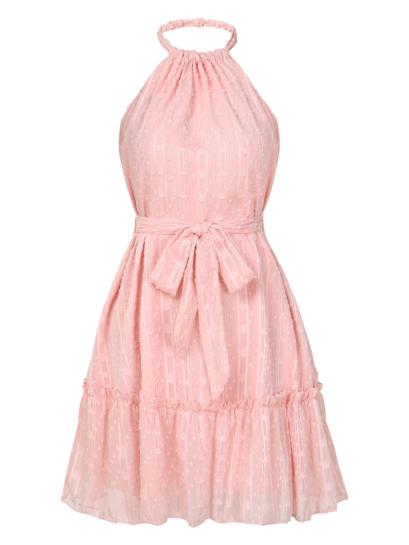 Halterneck Summer Dress - Lace Tie Waist Polyester Beach Dress