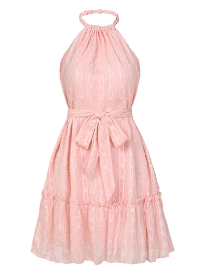 Halterneck Summer Dress - Lace Tie Waist Polyester Beach Dress