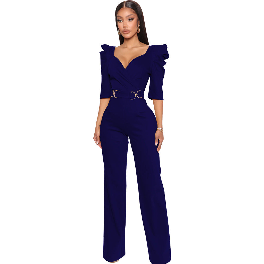 Long Sleeve V-Neck Wide Leg Jumpsuit - Women's Elegant One Piece