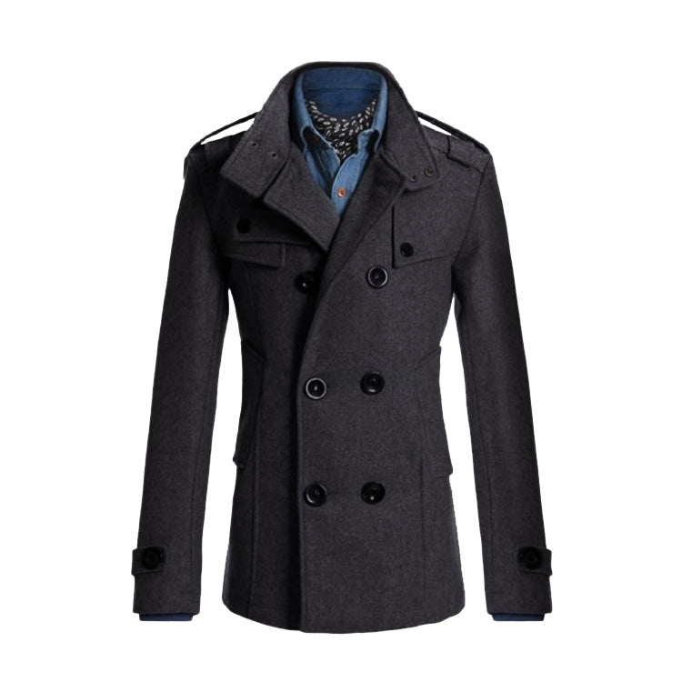 Men's Woolen Coat - Medium-Length Stand-Up Collar Double-Breasted Coat