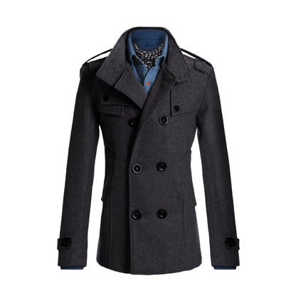Men's Woolen Coat - Medium-Length Stand-Up Collar Double-Breasted Coat