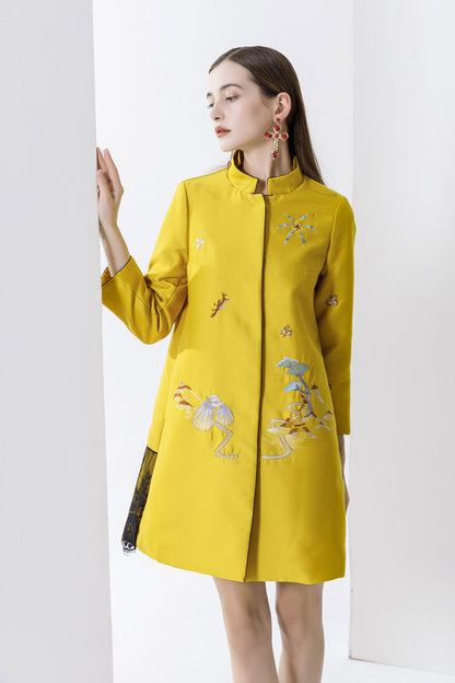 Premium Silk Wool Embroidered Mid-Length Coat - Lace Detail Winter Jacket