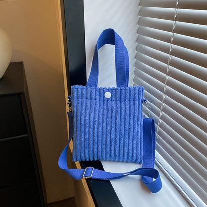Corduroy Bucket Bag - Solid Color Crossbody Shoulder Bag with 3D Pocket