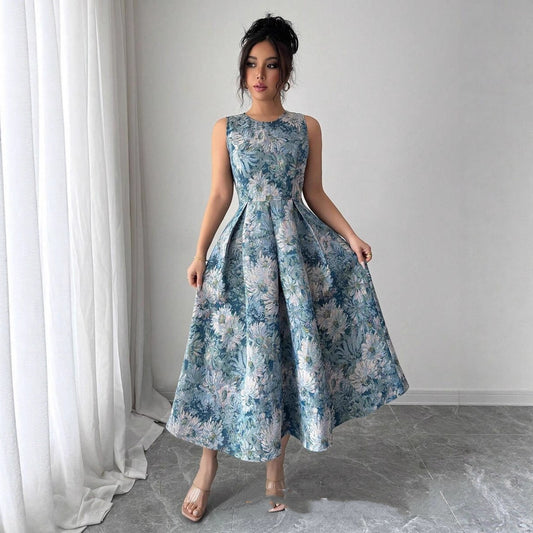 Oil Painting Floral Jacquard Dress - Sleeveless A-Line Waist-Cinching Dress