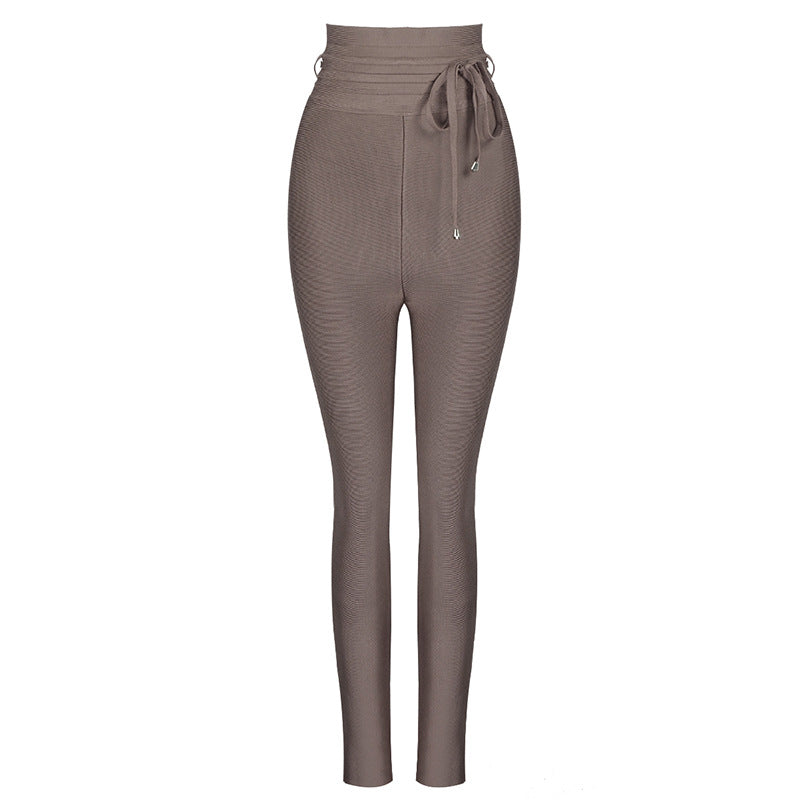 High-Waist Elastic Bandage Leggings - Cropped Solid Color Pants