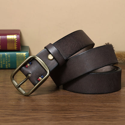 Men's Premium Genuine Leather Belt with Copper Pin Buckle - Classic Retro Style