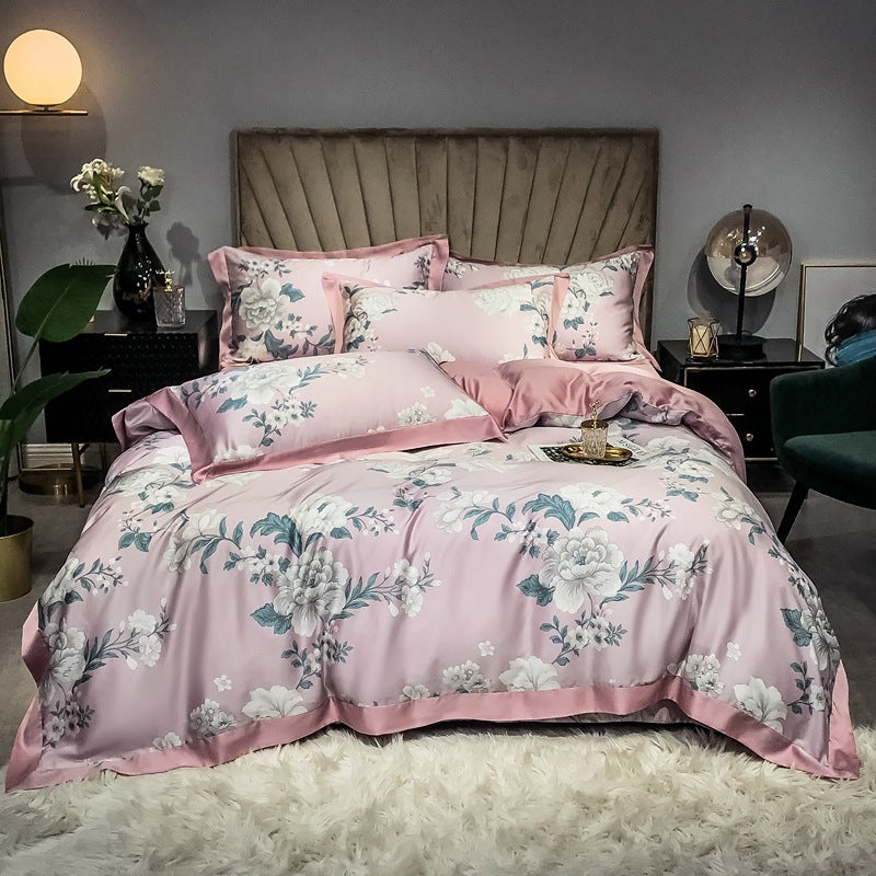 Double-Sided Ice Silk 4-Piece Bedding Set - Tencel Reactive Printed with Quilt Cover, Sheet, and 2 Pillowcases