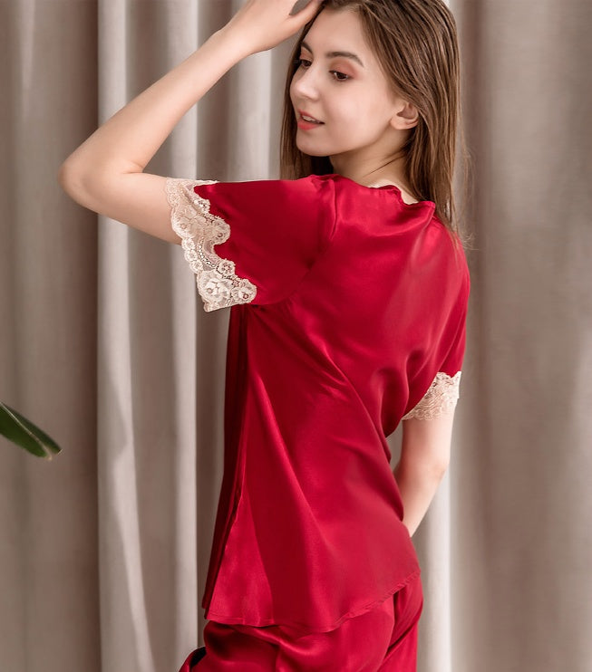 Women's Two-Piece Silk Pajama Set - V-Neck Top with Cropped Pants