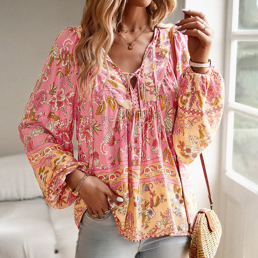 Printed Floral Casual Shirt - Long Sleeve Pullover Blouse