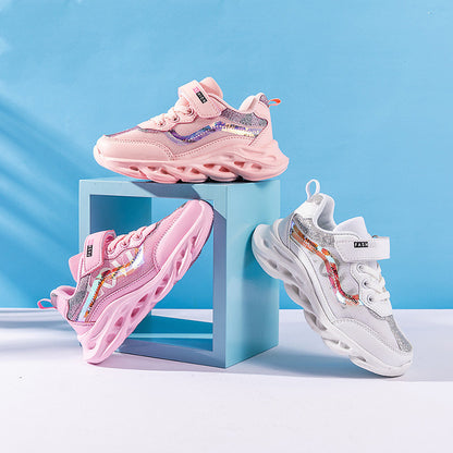 Girls' Three-Layer Mesh Sneakers | Velcro | Breathable EVA Sole | Sizes 26–37 | Pink & Orange Pink