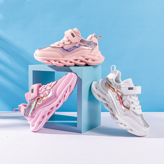 Girls' Three-Layer Mesh Sneakers | Velcro | Breathable EVA Sole | Sizes 26–37 | Pink & Orange Pink