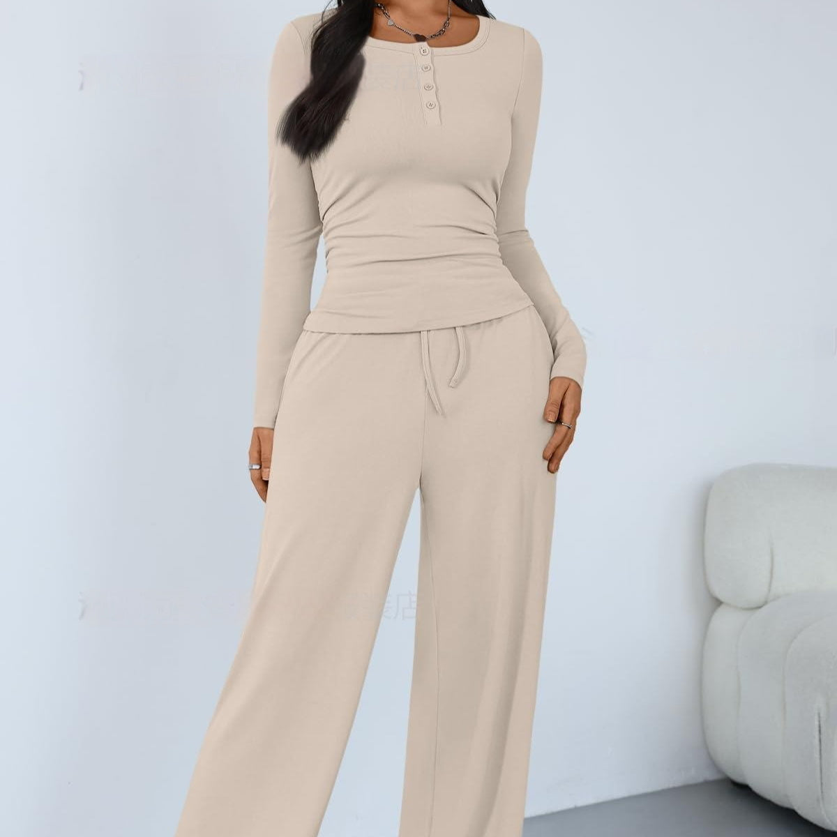 Women's Comfortable Casual Long-Sleeve Wide-Leg Pants Set - Japandi Style Pleated Top with Polyester