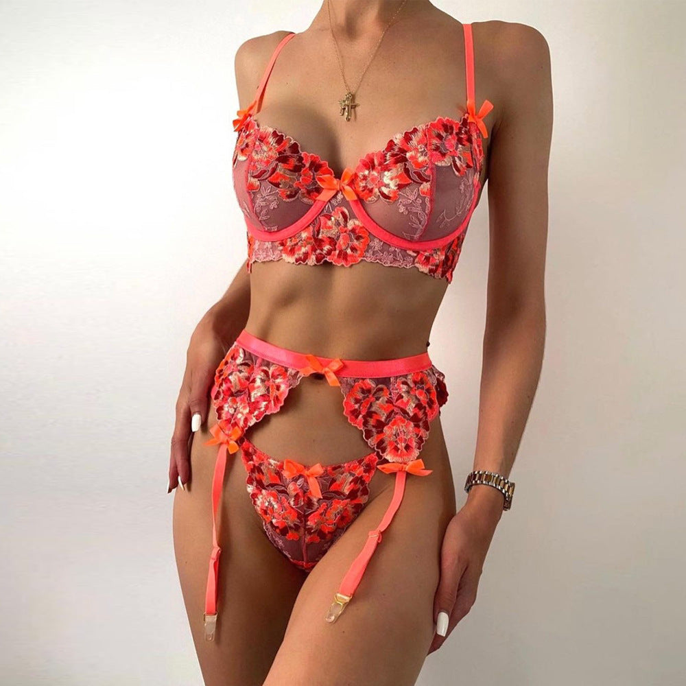 Women's Embroidered Lingerie Set - Delicate Floral Design Bra and Panty