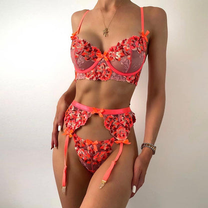 Women's Embroidered Lingerie Set - Delicate Floral Design Bra and Panty