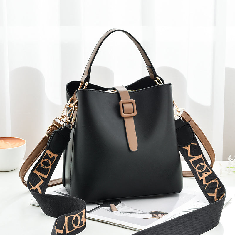 Fashion Bucket Shoulder Crossbody Bag - Letter Pattern PU Leather Messenger Bag