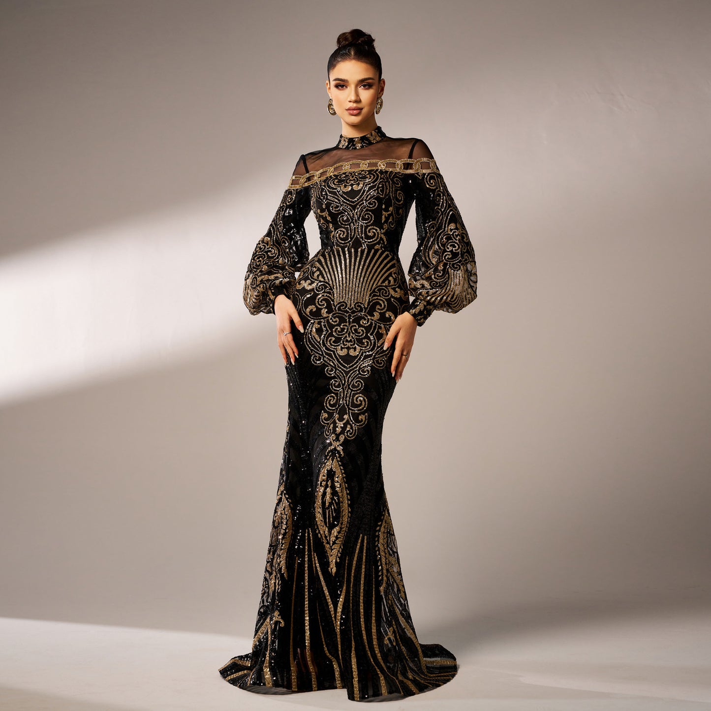 Women's Long Sleeve Sequin Mesh Fishtail Evening Gown – Round Neck Slim Fit Maxi Dress