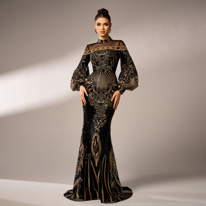 Women's Long Sleeve Sequin Mesh Fishtail Evening Gown – Round Neck Slim Fit Maxi Dress