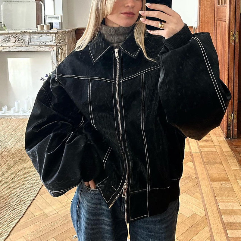 Women's Chenille Moto Biker Jacket - Loose Fit Lapel Zip-Up Jacket with Long Sleeves