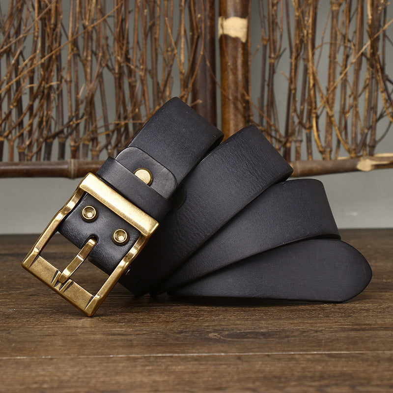 Men's Retro Washed Matte Top-Grain Leather Belt - Brass Buckle with Vegetable Tanning