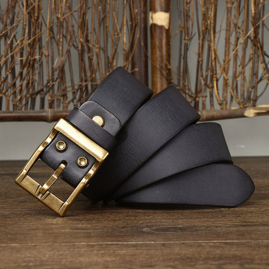 Men's Retro Washed Matte Top-Grain Leather Belt - Brass Buckle with Vegetable Tanning