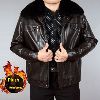 Men's Leather Jacket with Lapel and Fur Collar - Casual Outerwear for Middle-Aged