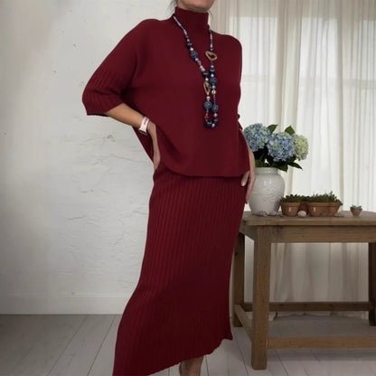 Women's Solid-Color Elegant High-Neck Knitted Sweater and Skirt Two-Piece Set - Intellectual Style