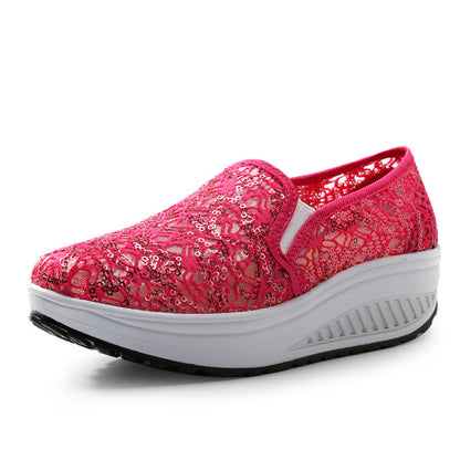 Women's Sequin Mesh Breathable Sneakers | Rocker Sole | Sizes 35–40 | Rose Red, Pink, Black, White