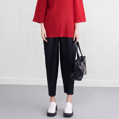 High-Waist Pleated Cropped Pants - Slimming Skinny Trousers