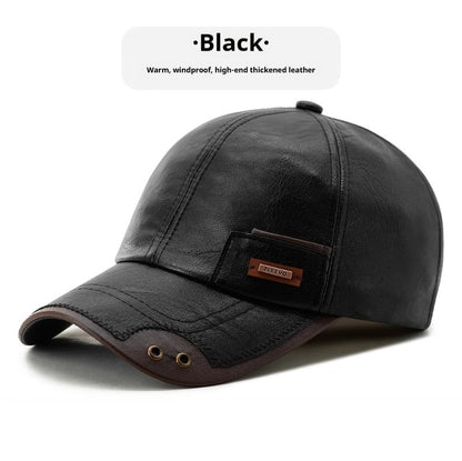 Winter Leather Fleece-Lined Baseball Cap - Warm Windproof Adjustable Hat
