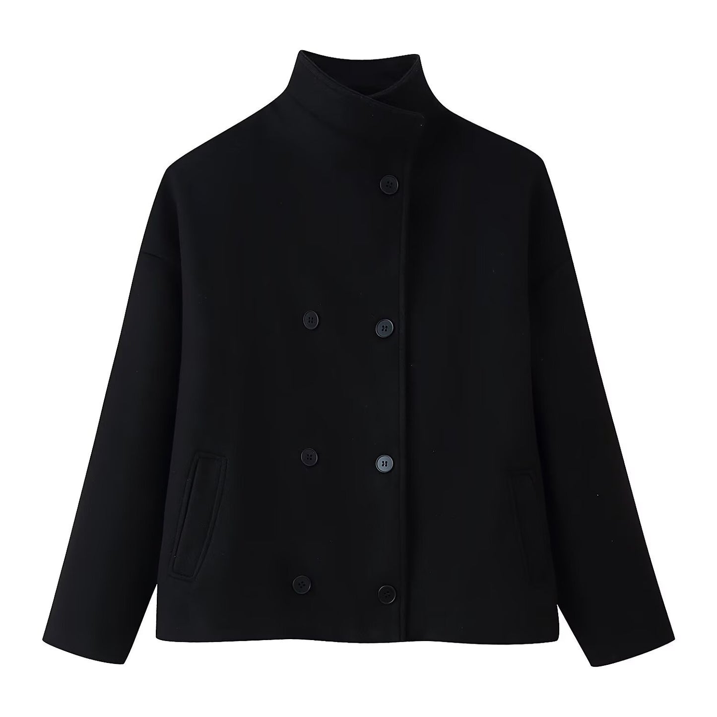 Women's Double-Breasted Wool Coat - Stand Collar Short Jacket with Pockets