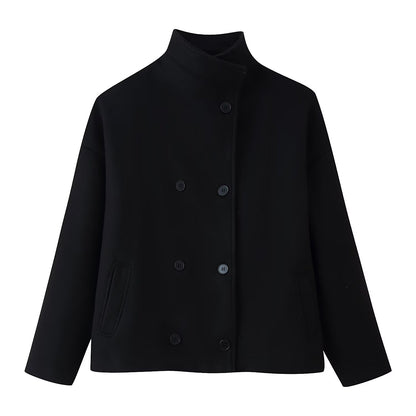 Women's Double-Breasted Wool Coat - Stand Collar Short Jacket with Pockets