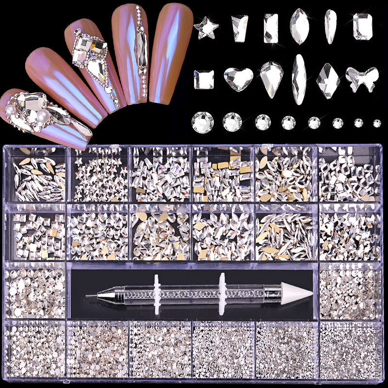 21-Grid Nail Rhinestone Decoration Set - Flat Glass Acrylic Nail Art Jewelry