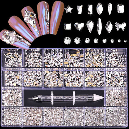 21-Grid Nail Rhinestone Decoration Set - Flat Glass Acrylic Nail Art Jewelry