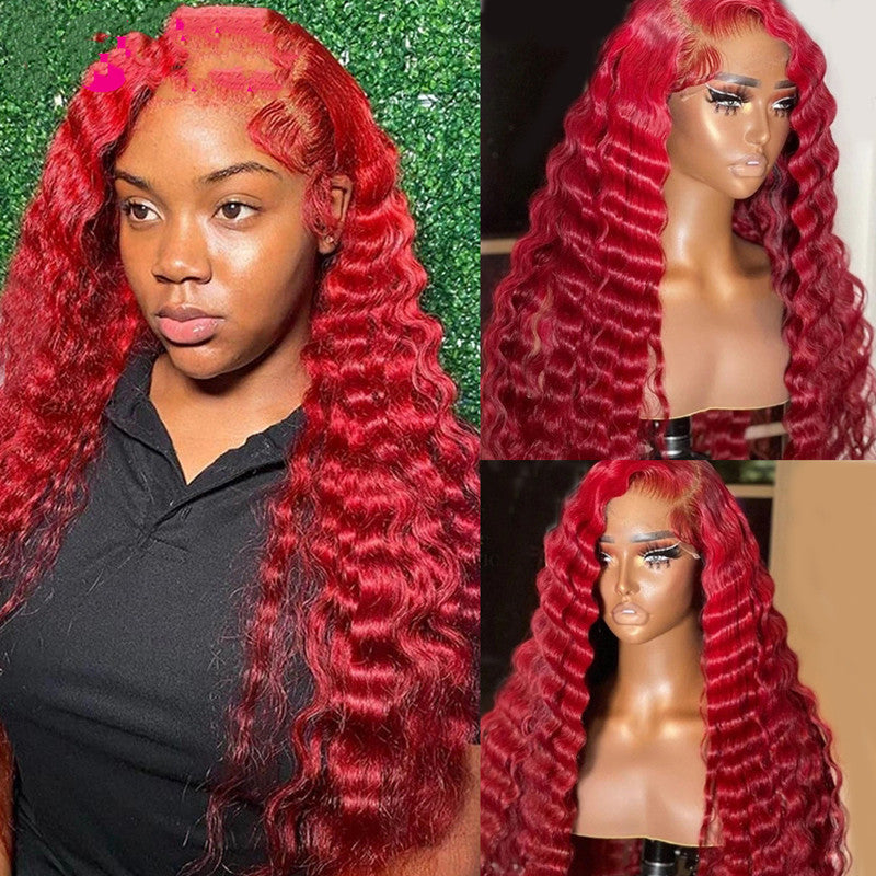 Red Deep Wave Human Hair Wig - Hand-Woven Real Hair Headpiece