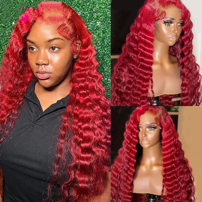 Red Deep Wave Human Hair Wig - Hand-Woven Real Hair Headpiece