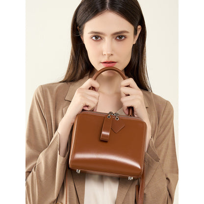 Women's Versatile Cowhide Leather Handbag with Open Grain Texture